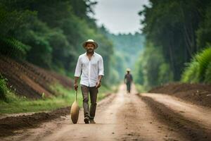 a man walking down a dirt road with a bucket. AI-Generated photo