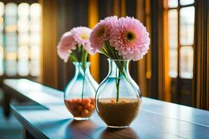 two vases with pink flowers sitting on a table. AI-Generated photo