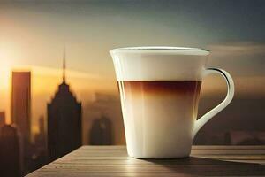 a coffee cup with a view of the city. AI-Generated photo