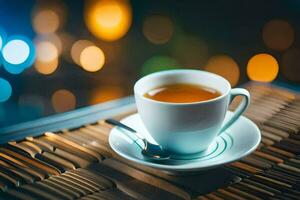 a cup of tea on a wooden table with bokeh lights. AI-Generated photo