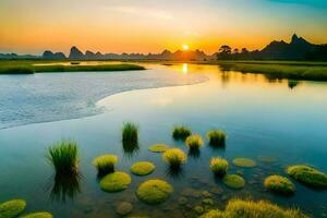 the sun sets over a river and grass. AI-Generated photo