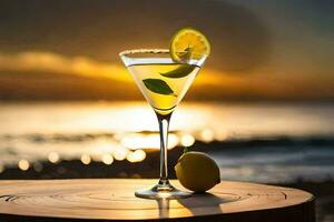 a cocktail with lemon and a sunset in the background. AI-Generated photo