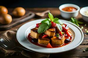 tofu with berries and sauce on a plate. AI-Generated photo