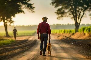 a man walking his dog down a dirt road. AI-Generated photo