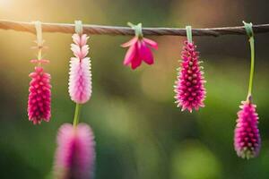 pink flowers hanging from a wire. AI-Generated photo