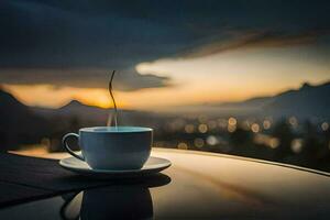 a cup of coffee on a table in the evening. AI-Generated photo