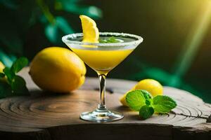 a cocktail with lemon and mint on a wooden table. AI-Generated photo
