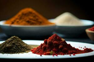 a variety of spices are shown on a plate. AI-Generated photo