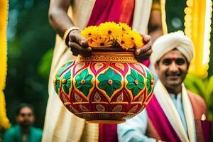 un hombre participación un grande maceta con flores generado por ai foto