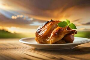 a chicken is on a plate with a green leaf on it. AI-Generated photo