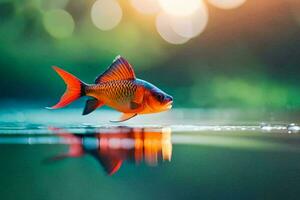a fish is standing on the water with a bright sun in the background. AI-Generated photo