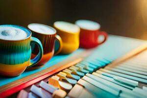 colorful coffee cups and a wooden table. AI-Generated photo