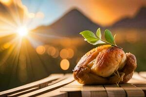 a chicken is sitting on a wooden table with a sunset in the background. AI-Generated photo