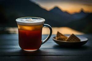 un taza de té se sienta en un mesa con un montaña en el antecedentes. generado por ai foto