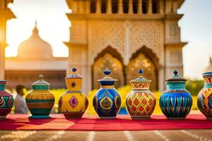 a row of colorful vases on a red table. AI-Generated photo