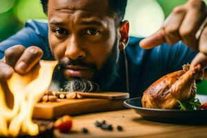 a man with a beard and a beard is holding a chicken on a plate. AI-Generated photo