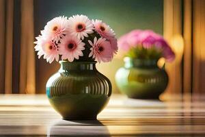 two vases with pink flowers sitting on a table. AI-Generated photo