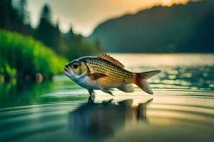 un pescado es en pie en el agua a puesta de sol. generado por ai foto