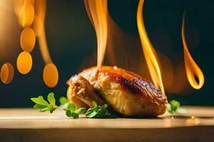 a piece of chicken on a wooden cutting board with flames. AI-Generated photo