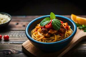 spaghetti with tomato sauce and basil leaves in a blue bowl on a wooden table. AI-Generated photo