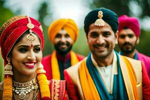 a couple in traditional indian attire with their friends. AI-Generated photo