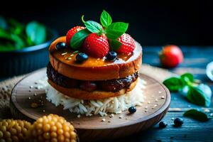 a hamburger with berries and strawberries on top. AI-Generated photo