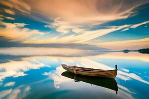 a boat floating in the water with clouds reflected in the water. AI-Generated photo