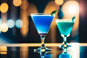 two blue cocktails on a table with a blurred background. AI-Generated photo