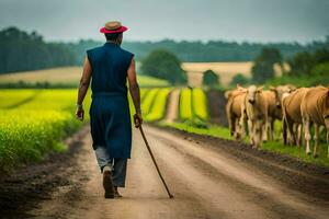 a man walking down a dirt road with cows in the background. AI-Generated photo