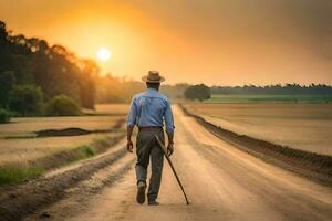 a man walking down a dirt road with a cane. AI-Generated photo