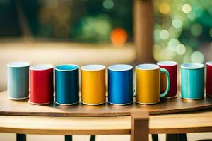 colorful mugs on a wooden table. AI-Generated photo