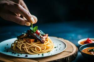 a person is holding a fork over a plate of spaghetti. AI-Generated photo