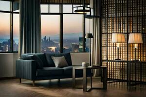 a living room with a view of the city. AI-Generated photo