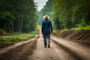 a man in a suit and hat walks down a dirt road. AI-Generated photo