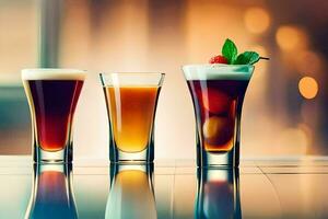 three different types of alcoholic drinks on a table. AI-Generated photo