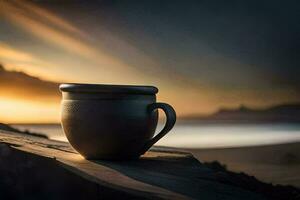 a coffee cup sits on a wooden table in front of the ocean. AI-Generated photo