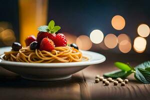 spaghetti with berries and mint on a wooden table. AI-Generated photo