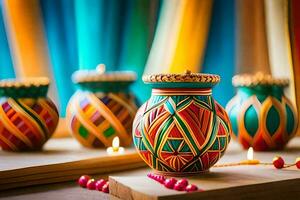 colorful vases with candles on a table. AI-Generated photo