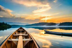 el barco es en el lago a puesta de sol. generado por ai foto