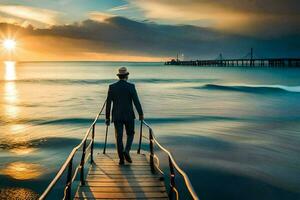 a man in a suit walks down a wooden pier into the ocean. AI-Generated photo