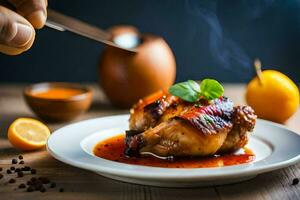 a person is holding a knife over a chicken leg. AI-Generated photo