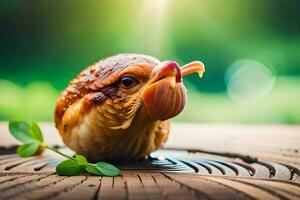 un pequeño pájaro con sus boca abierto en un de madera mesa. generado por ai foto