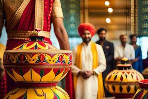 a man in a turban standing next to a colorful pot. AI-Generated photo