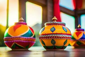 colorful pots on a table with a window in the background. AI-Generated photo