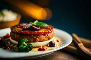 a plate with a burger and vegetables on it. AI-Generated photo