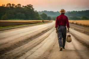 un hombre en un rojo camisa y sombrero caminando abajo un suciedad la carretera. generado por ai foto