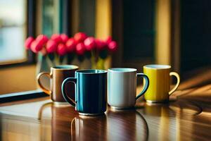 Tres café tazas en un mesa. generado por ai foto