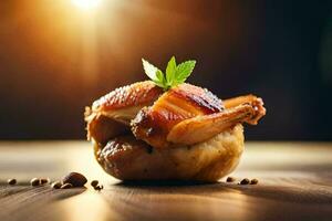 a chicken wrapped in bacon on a wooden table. AI-Generated photo