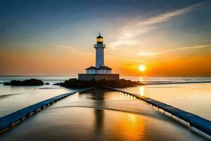 a lighthouse stands on the shore of the ocean at sunset. AI-Generated photo