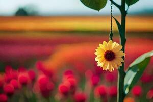 un amarillo flor es colgando desde un árbol en frente de un campo de rojo tulipanes generado por ai foto